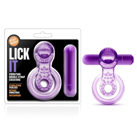 ANILLO PLAY WITH ME LICK IT VIBRATING DOUBLE STRAP COCK RING PURPLE