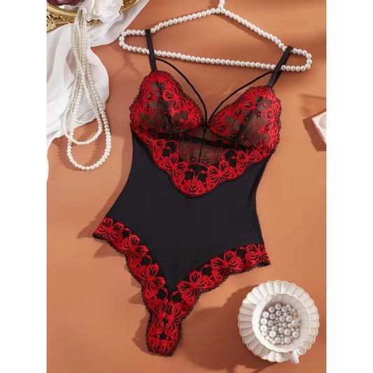 TEDDY EN MESH NEGRO CON ENCAJE ROJO